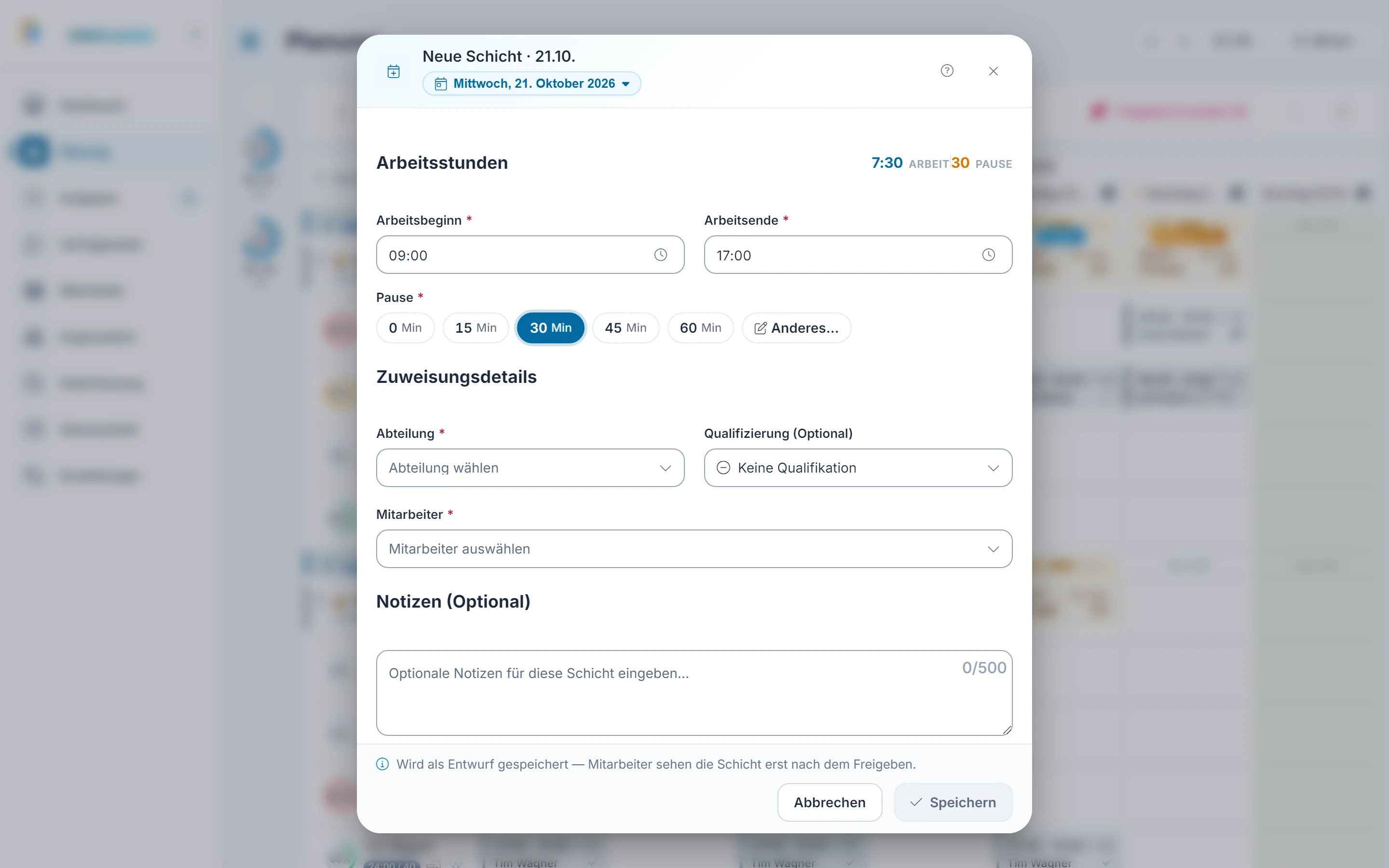 Screenshot Schicht anlegen: Schritt 2: Zeit festlegen. Markiert: (A) Zeit: Arbeitsbeginn, Arbeitsende und Pause in Minuten legen die Schicht fest.