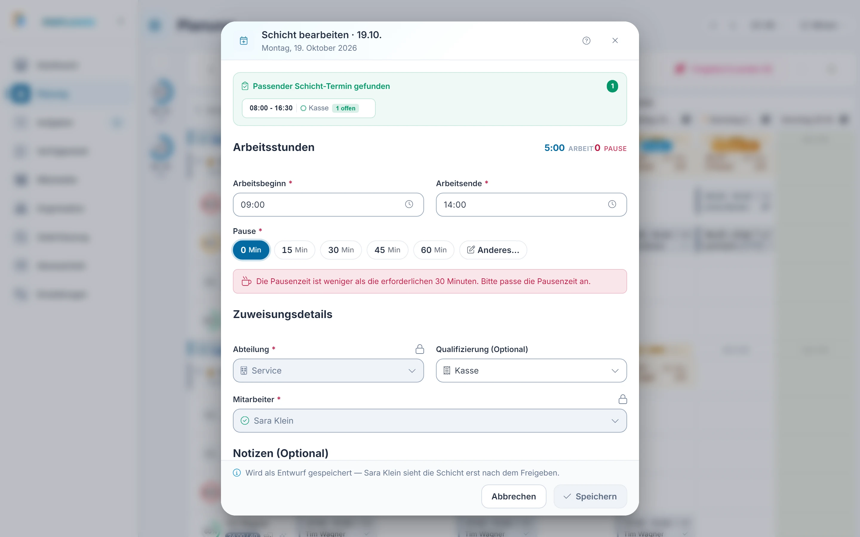 Screenshot Schicht anklicken: Schichtdetails: Schritt 4: Bearbeiten. Markiert: (A) Schicht bearbeiten: Derselbe Schichtdialog wie beim Anlegen öffnet sich mit den Werten der Schicht.