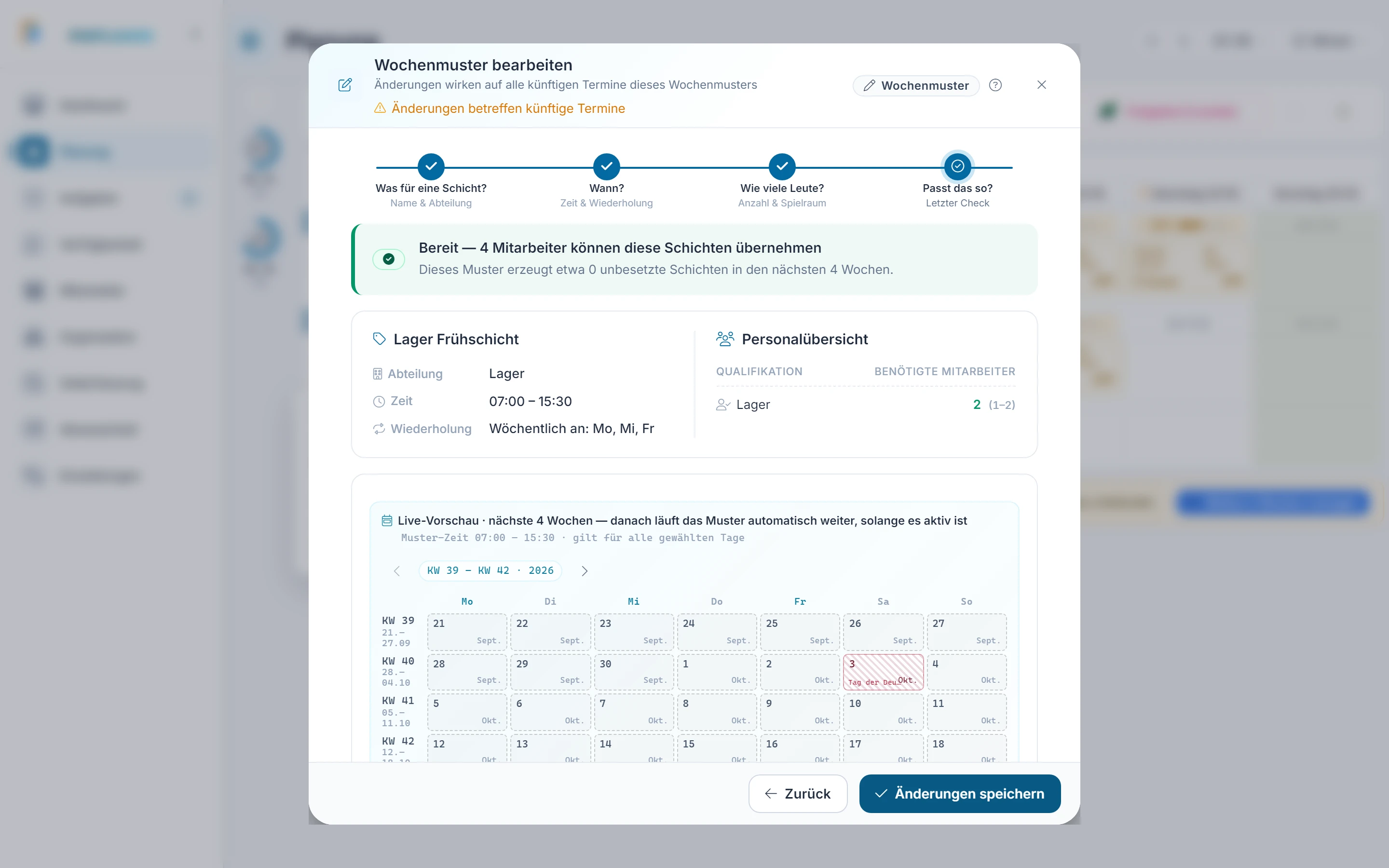 Screenshot: Bearbeiten. Markiert: (A) Wochenmuster bearbeiten: „Bearbeiten“ öffnet denselben Assistenten mit den Werten des Musters., (B) Betrifft künftige Termine: Ein Hinweis zeigt, dass die Änderung künftige Termine des Musters betrifft., (1) Änderungen speichern: „Änderungen speichern“ übernimmt die Änderung.