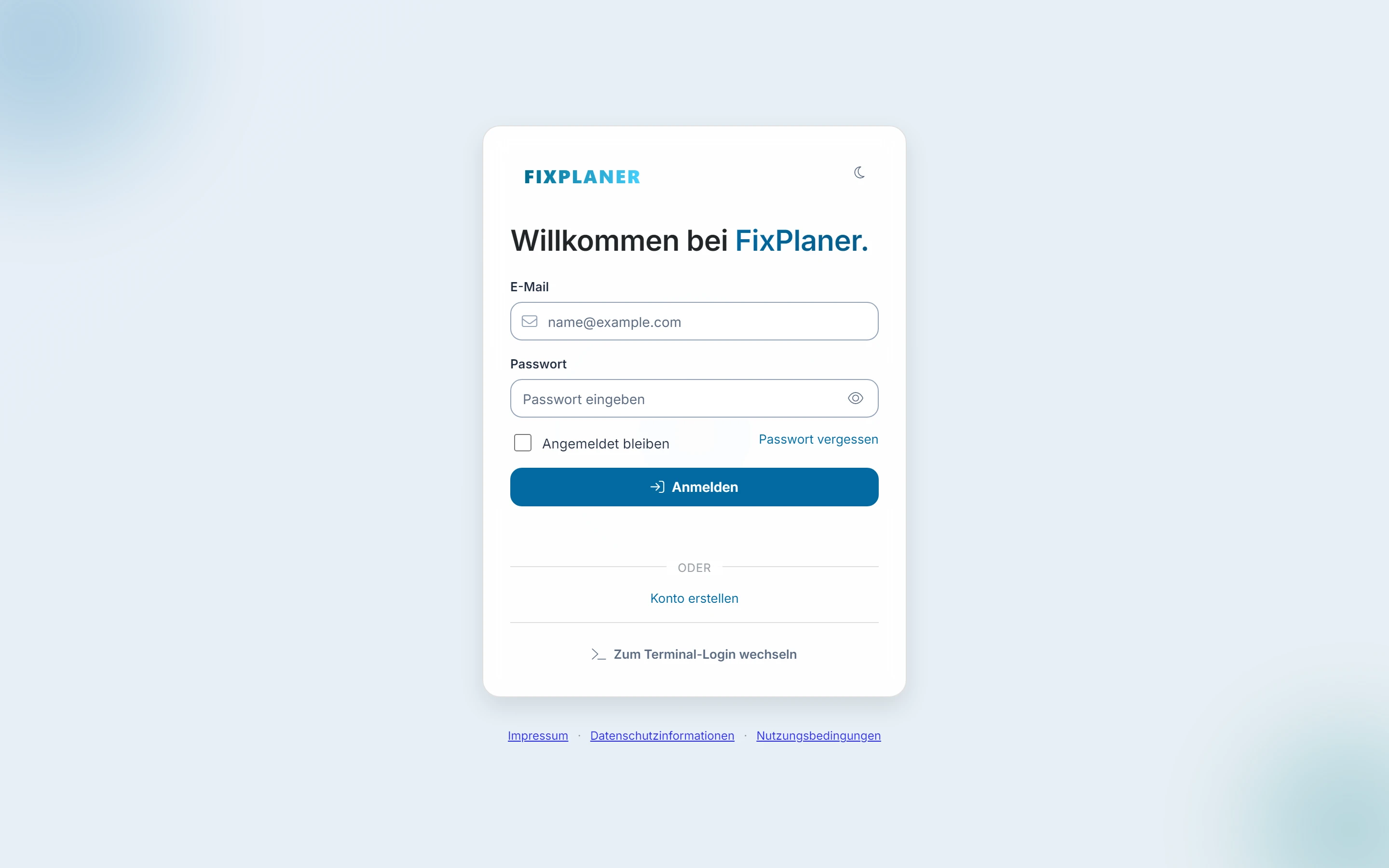 Screenshot: Bildschirm Erste Schritte. Markiert: (A) Konto erstellen: Legt als Inhaber ein kostenloses Testkonto für deine Firma an., (B) Passwort vergessen?: Schickt dir einen Link, mit dem du dein Passwort neu setzt., (1) Anmelden: Meldet dich mit E-Mail und Passwort an.