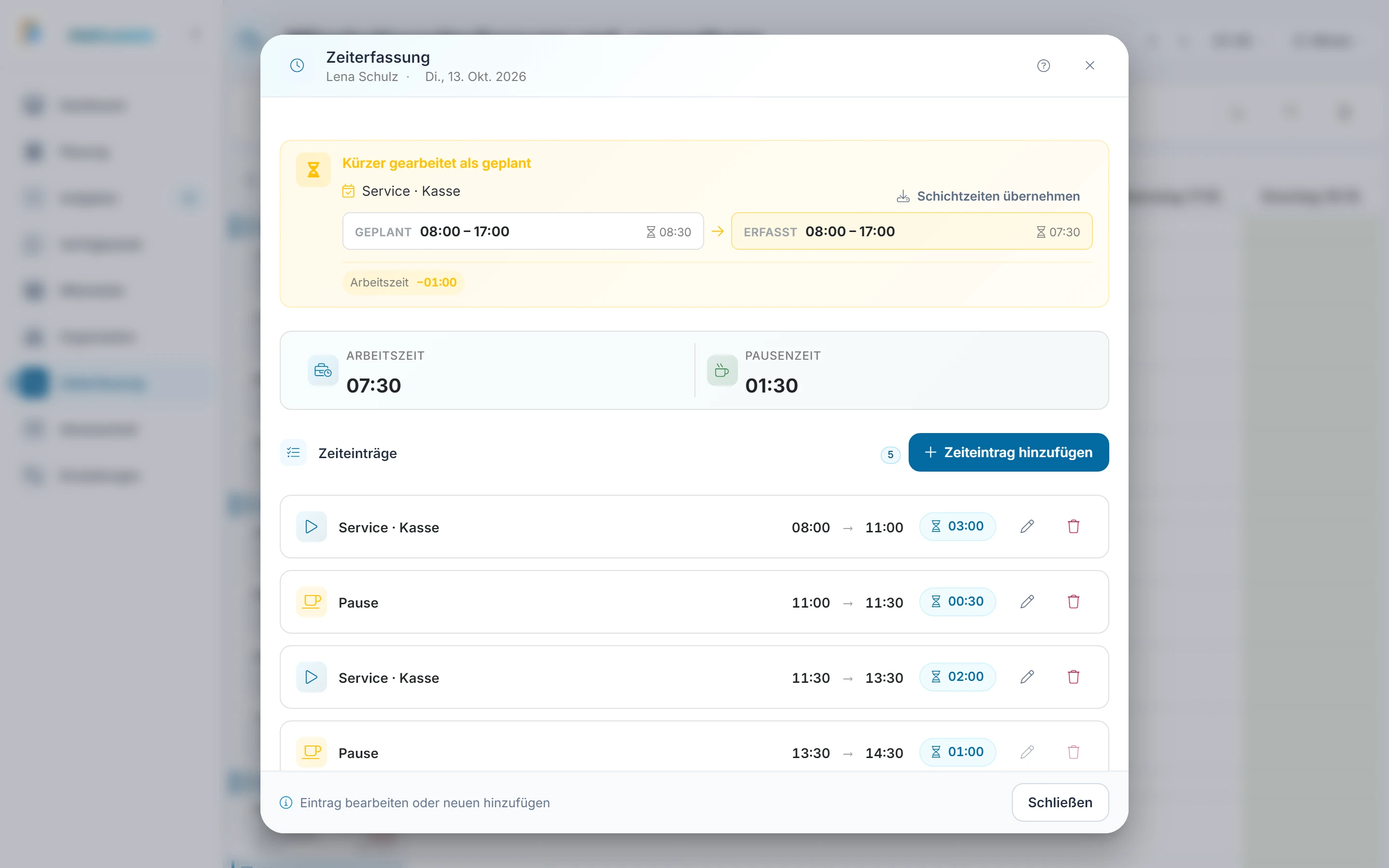Screenshot: Bildschirm Tagesdialog (Zelle anklicken). Markiert: (A) Kennzahlen: Oben stehen „Arbeitszeit“ und „Pausenzeit“ des Tages., (B) Eintrag: Jede Karte ist eine Stempelung mit Start, Ende und Dauer., (1) Zeiteintrag hinzufügen: Legt eine fehlende Stempelung nachträglich an.