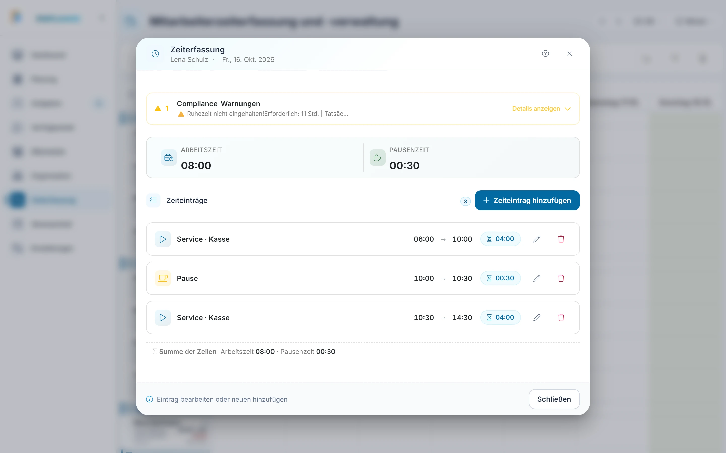 Screenshot: Hinweise im Tagesdialog. Markiert: (A) Compliance-Warnungen: Hier sammelt FixPlaner Verstöße gegen Arbeitszeitregeln, etwa eine zu kurze Ruhezeit.