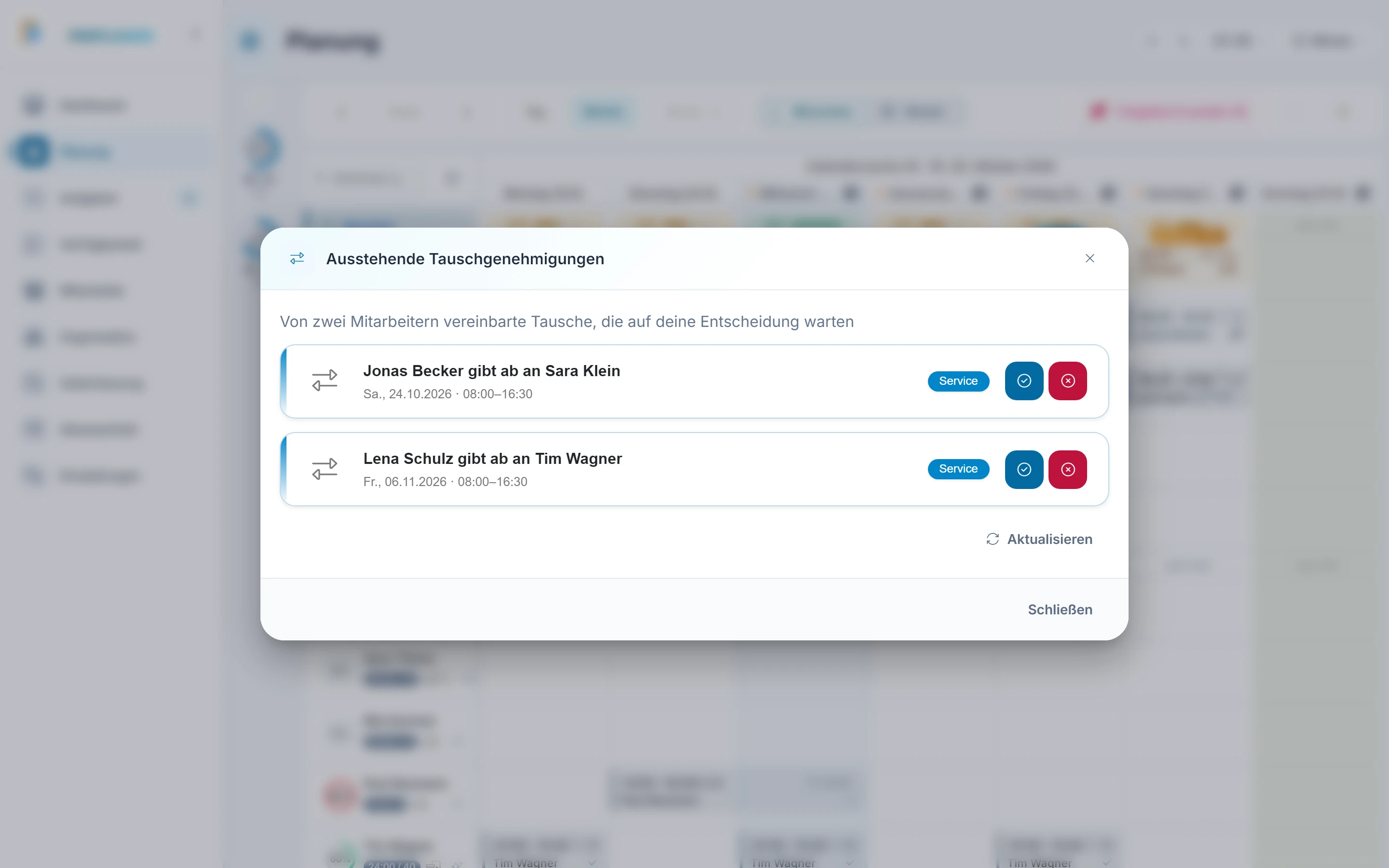 Screenshot Tausche (Tauschgenehmigungen): Schritt 2: Antrag lesen. Markiert: (A) Tauschantrag: Die Karte zeigt, wer an wen abgibt, die Schicht mit Tagesmarke, Abteilung, Qualifikation, Zeitpunkte und die Notizen beider.