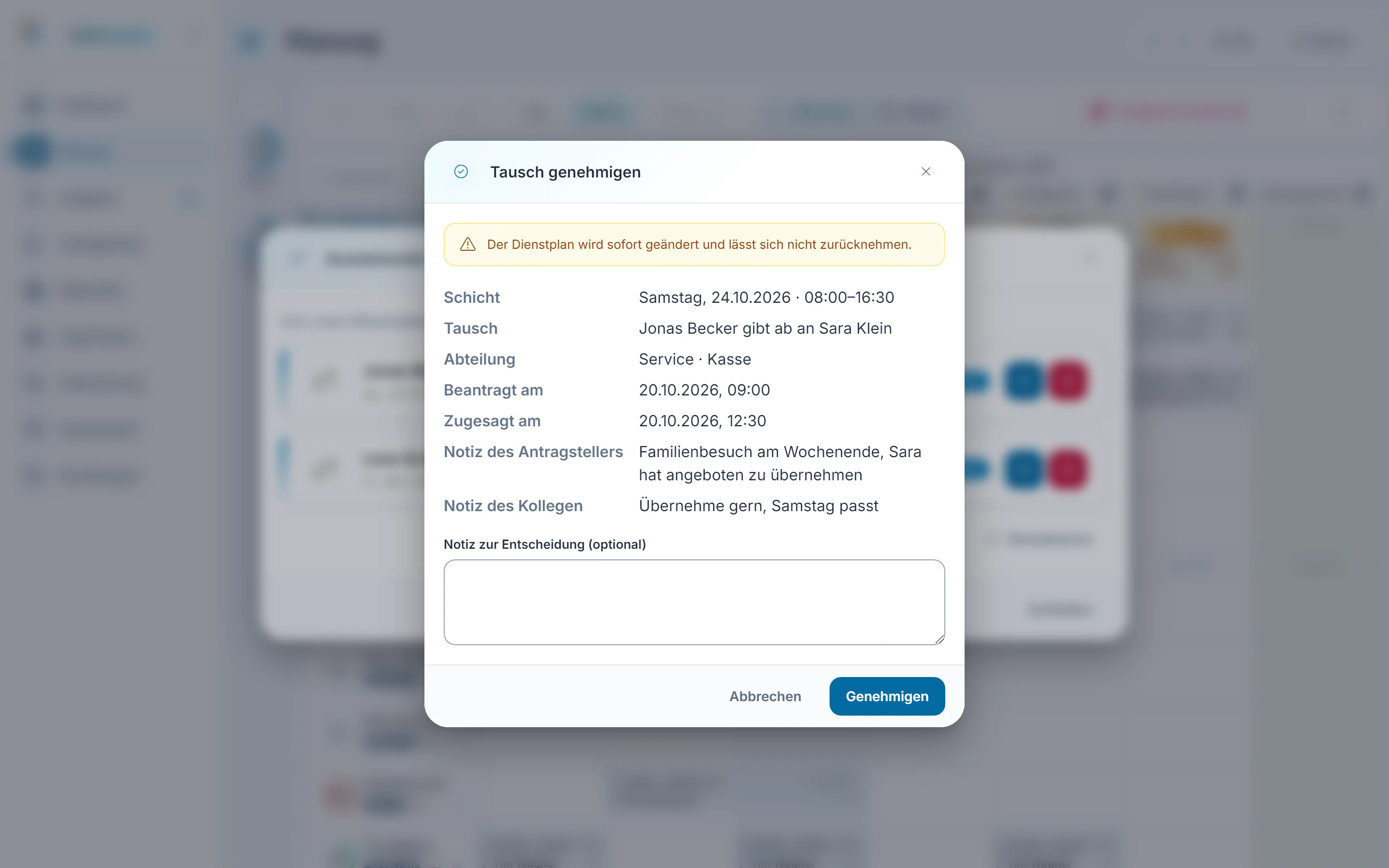 Screenshot Tausche (Tauschgenehmigungen): Schritt 3: Genehmigen. Markiert: (A) Tausch genehmigen?: Der Dialog fragt vor dem Genehmigen nach und nimmt eine Notiz auf.