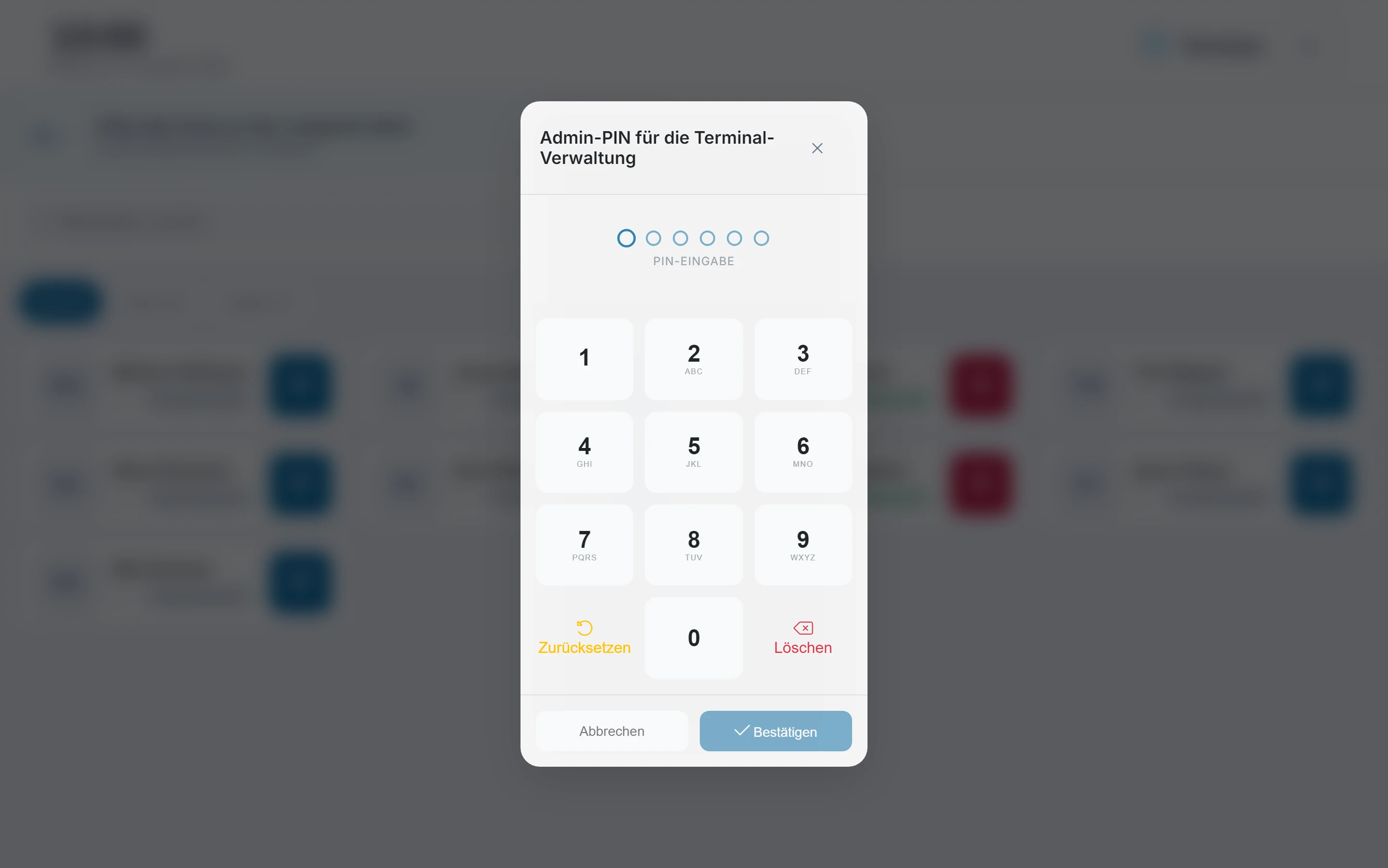 Screenshot Terminal-Verwaltung (Admin-PIN): Schritt 2: Admin-PIN eingeben. Markiert: (1) Admin-PIN: Das Ziffernfeld „Admin-PIN für die Terminal-Verwaltung“ nimmt die Admin-PIN der Firma auf.
