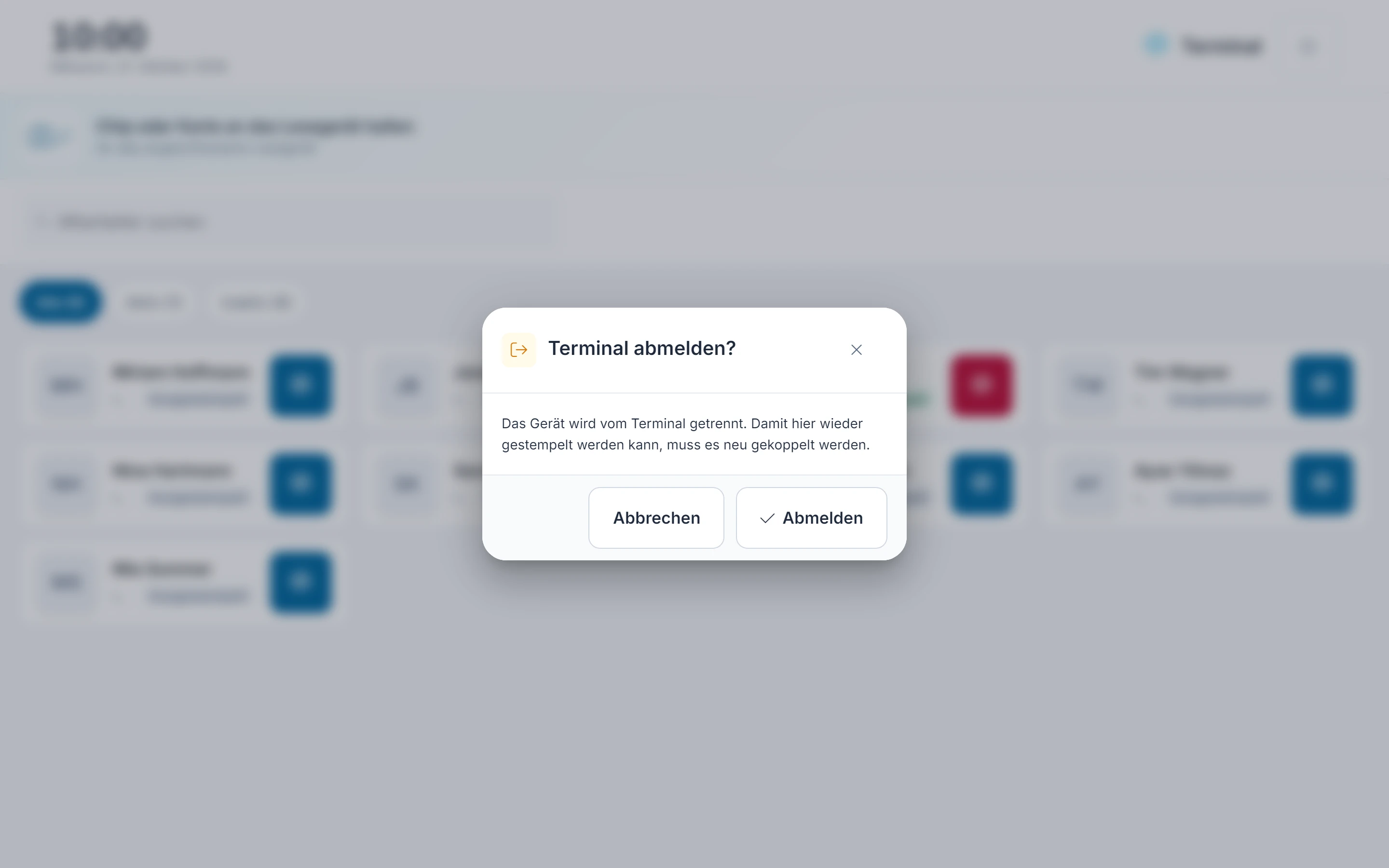 Screenshot Terminal-Verwaltung (Admin-PIN): Schritt 6: Abmelden bestätigen. Markiert: (1) Abmelden: Der Knopf „Abmelden“ in der Rückfrage zum Abmelden bestätigt es, „Abbrechen“ lässt das Terminal angemeldet.