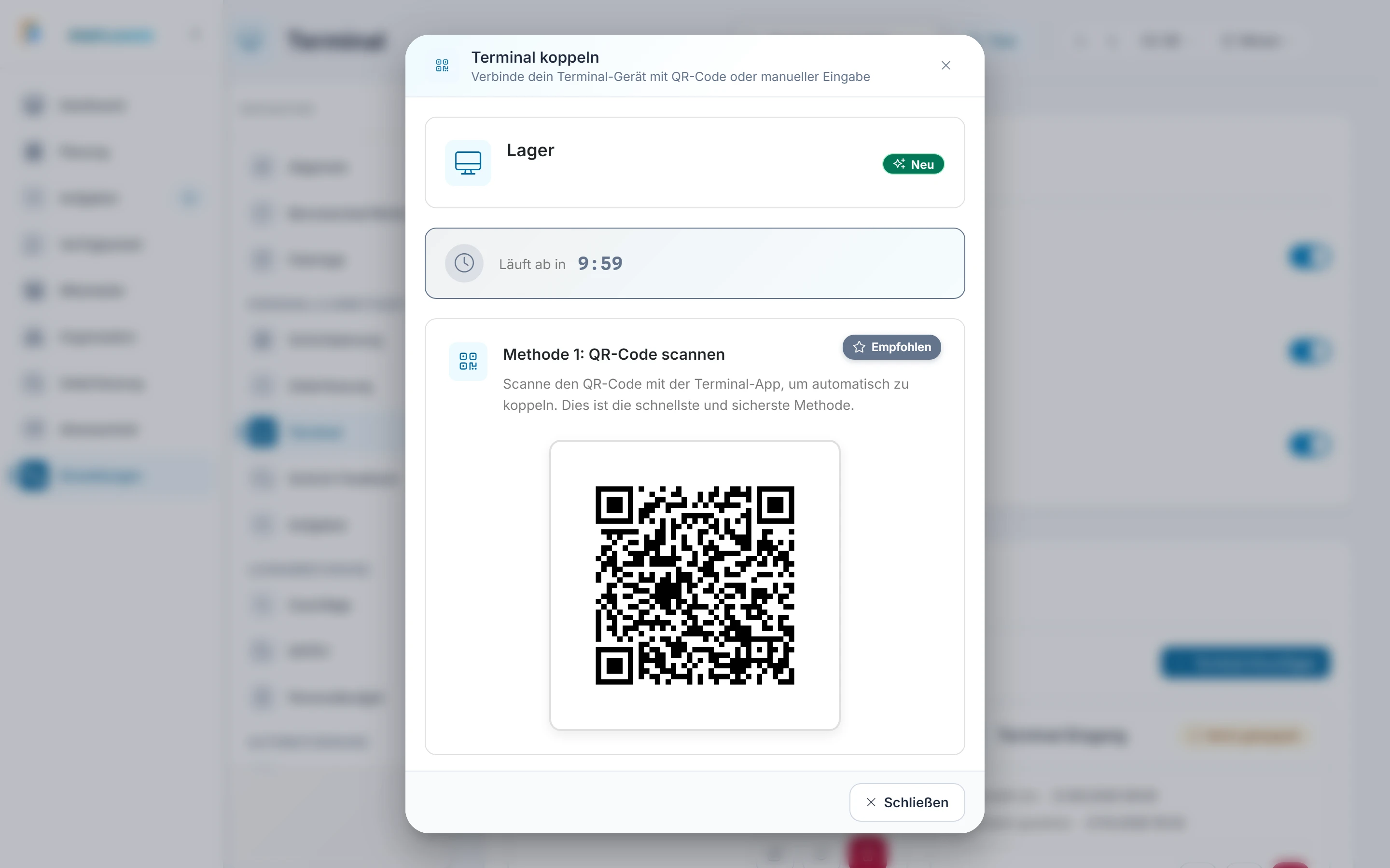 Screenshot Terminal einrichten und koppeln: Schritt 3: QR-Code mit dem Tablet scannen. Markiert: (1) Mit der FixPlaner-App am Tablet scannen: Der QR-Code im Dialog „Terminal koppeln“ ist die empfohlene Methode und enthält einen Link mit dem Kopplungscode.