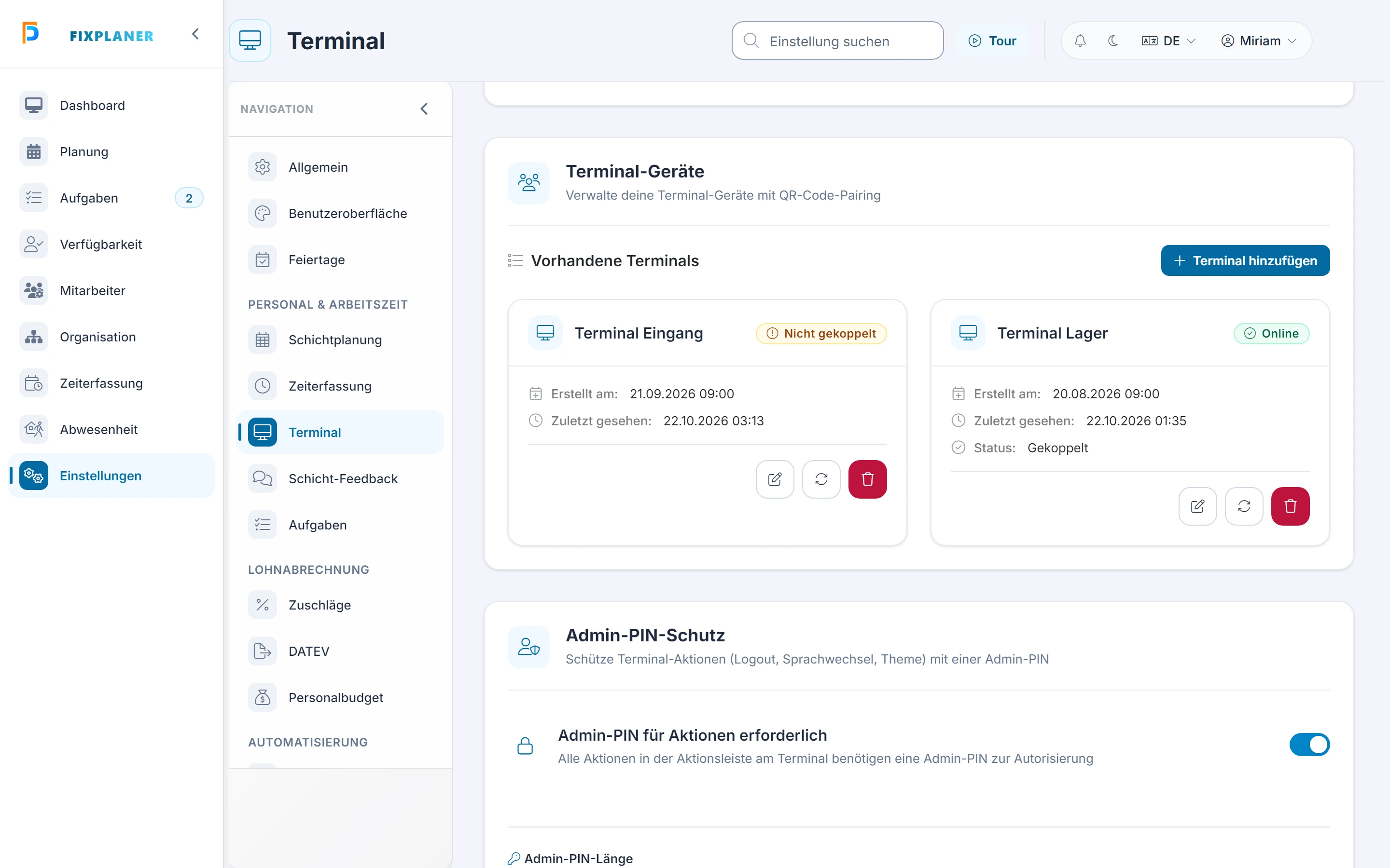 Screenshot Neu koppeln: Schritt 2: Neuen Code erzeugen. Markiert: (1) Neuen Code generieren: Die Aktion „Neuen Code generieren“ steht an der Terminal-Karte als Symbol und im Kopplungsdialog nach Ablauf des Codes.