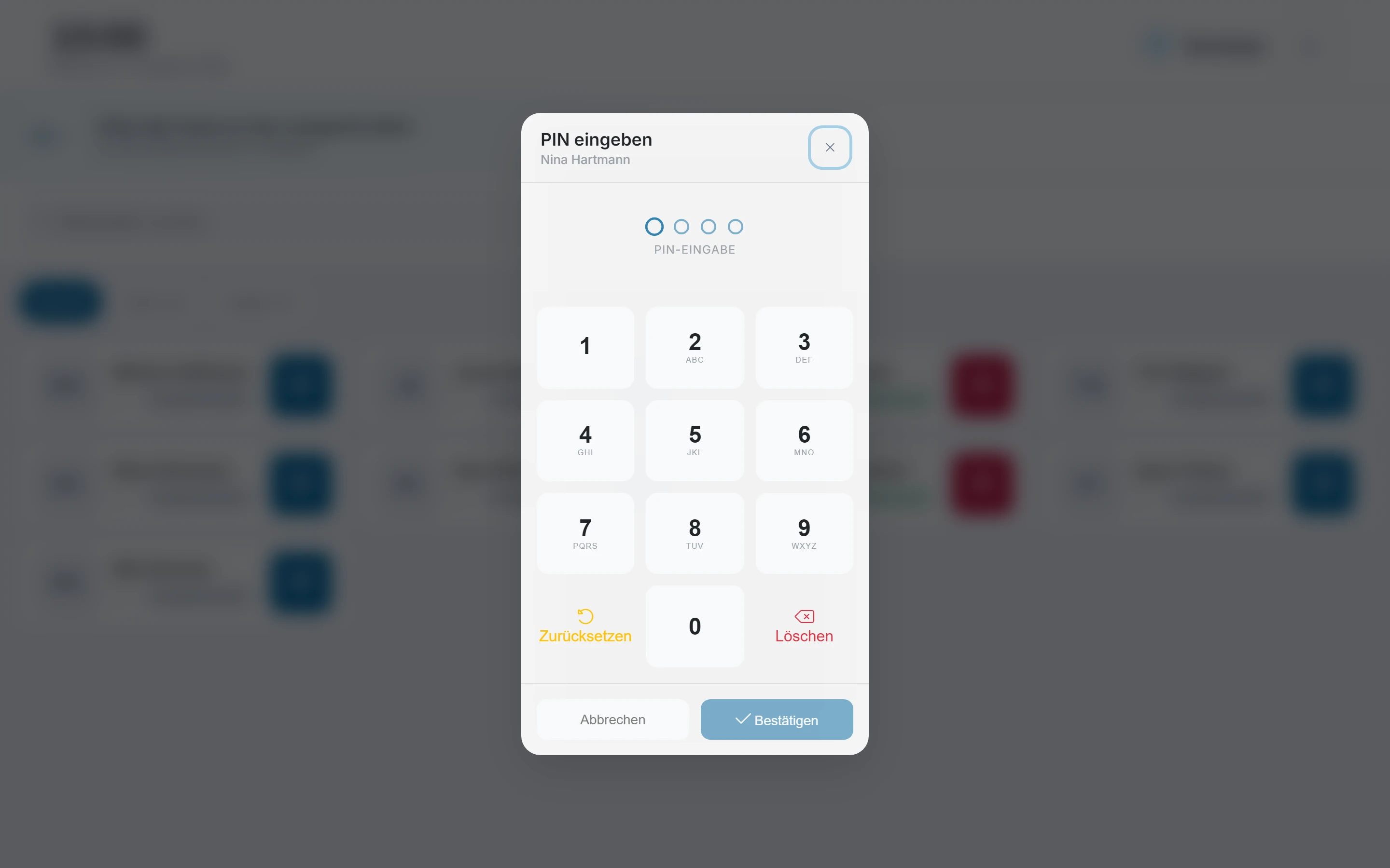 Screenshot Stempeln mit Chip oder PIN: Schritt 2: Ohne Chip: PIN eingeben. Markiert: (1) PIN: Das Ziffernfeld für den Weg ohne Chip hat zwei Zeilen „Nummer“ und „PIN“.