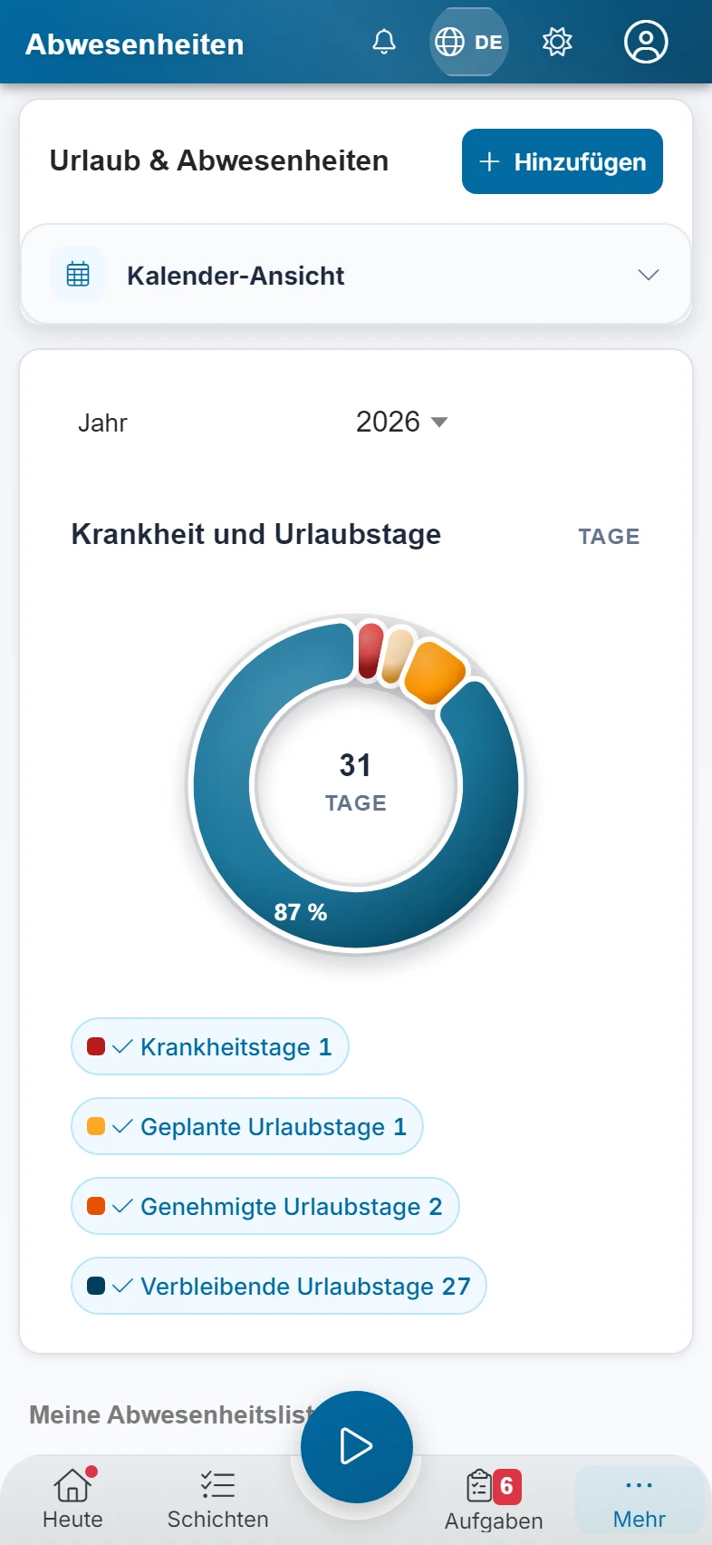 Screenshot Abwesenheiten (Antrag): Schritt 1: Abwesenheiten ansehen. Markiert: (1) Hinzufügen, (A) Kontingent, (2) Kalender-Ansicht