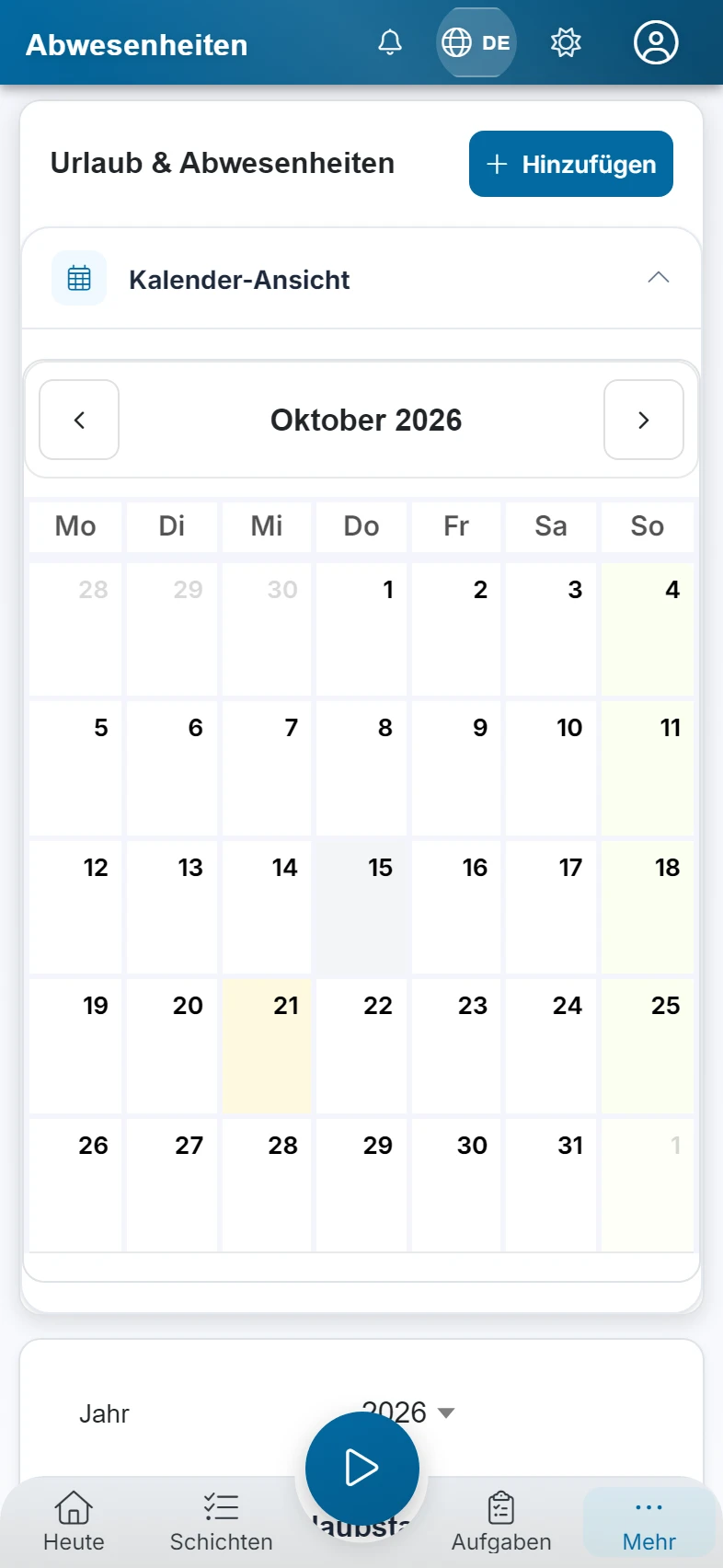 Screenshot Abwesenheiten (Antrag): Schritt 2: Kalender-Ansicht. Markiert: (A) Kalender-Ansicht