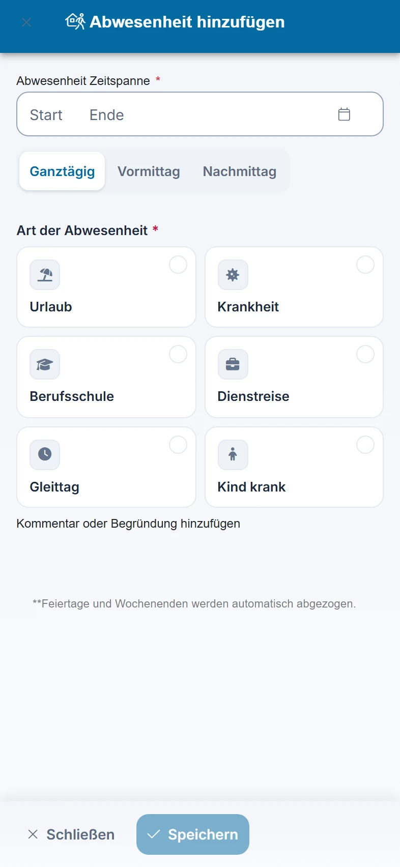 Screenshot Abwesenheiten (Antrag): Schritt 3: Antrag öffnen. Markiert: (1) Zeitraum: Start und Ende der Abwesenheit., (2) Art der Abwesenheit: Du wählst, welche Art von Abwesenheit du beantragst., (A) Kommentar oder Begründung: Ein freier Text für deine Leitung.
