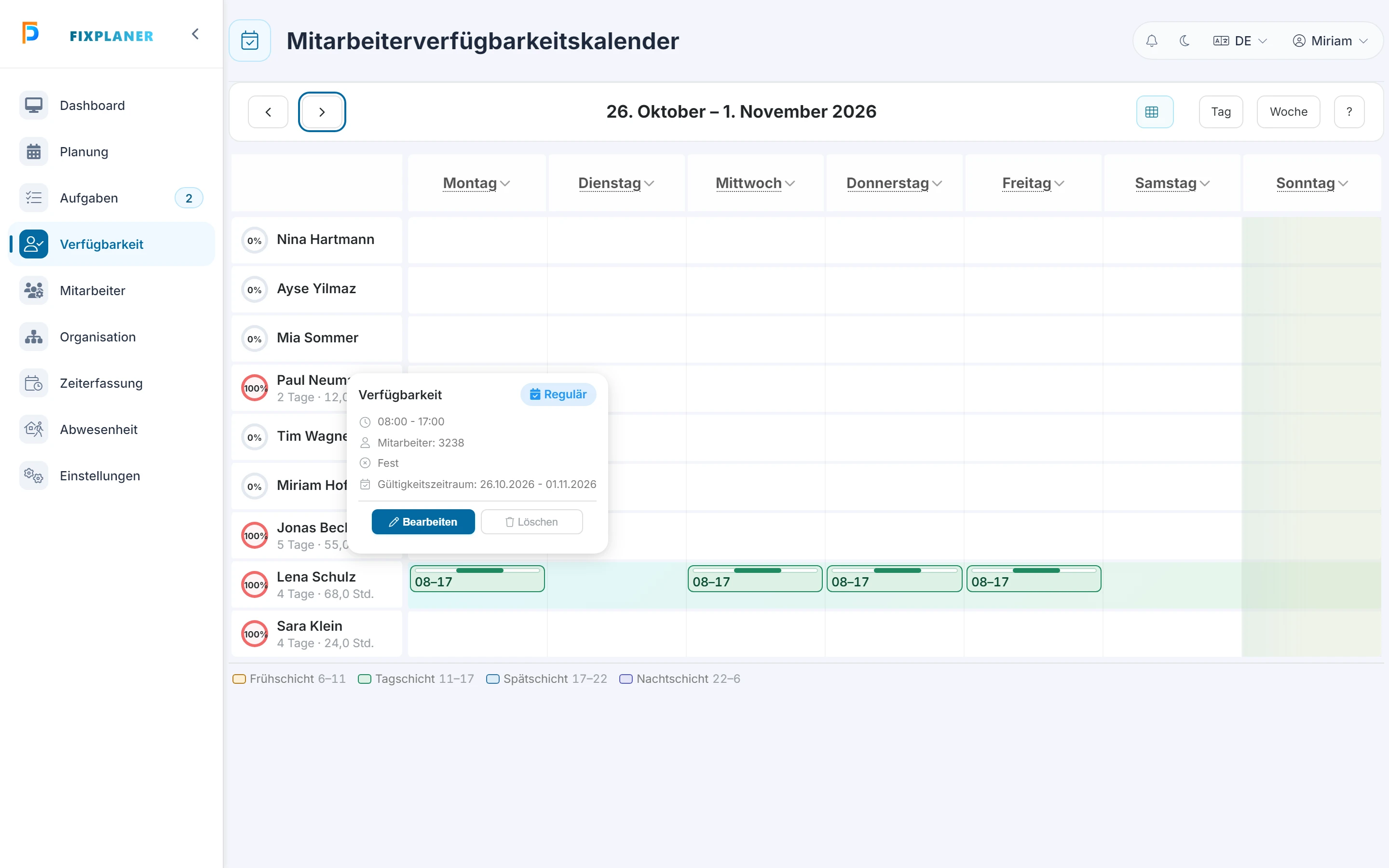 Screenshot: Eintrag bearbeiten. Markiert: (1) Bearbeiten oder Löschen: Ein Klick auf ein Zeitfenster zeigt „Bearbeiten“ und „Löschen“., (2) Bedarf in der Besetzungsplanung: Der Knopf führt in die Besetzungsplanung, dort legst du fest, wie viele Personen du brauchst.