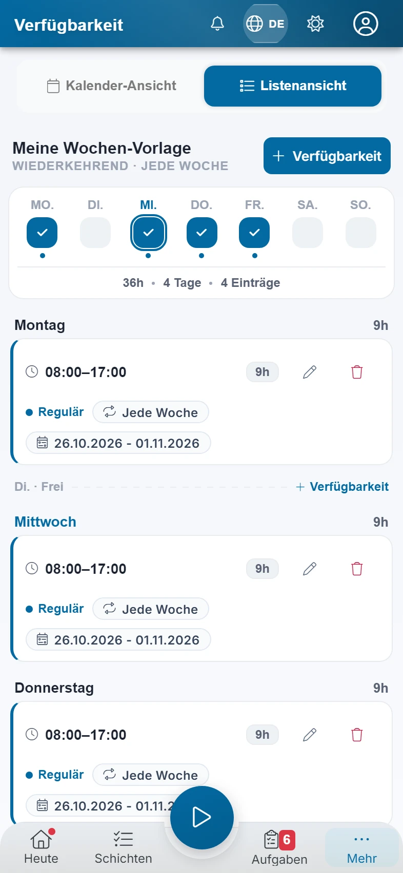 Screenshot Verfügbarkeit: Schritt 1: Verfügbarkeit ansehen. Markiert: (1) Ansicht umschalten, (A) Meine Wochen-Vorlage