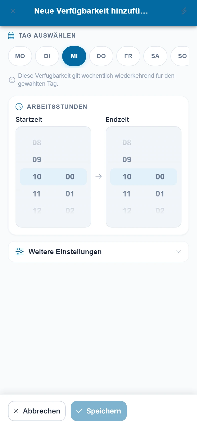 Screenshot Verfügbarkeit: Schritt 2: Verfügbarkeit hinzufügen. Markiert: (1) Tag auswählen: Der Tag, für den die Verfügbarkeit gilt., (2) Arbeitsstunden: Start und Ende der Zeit, in der du arbeiten kannst., (A) Weitere Einstellungen: Klappt zusätzliche Angaben zur Verfügbarkeit auf.