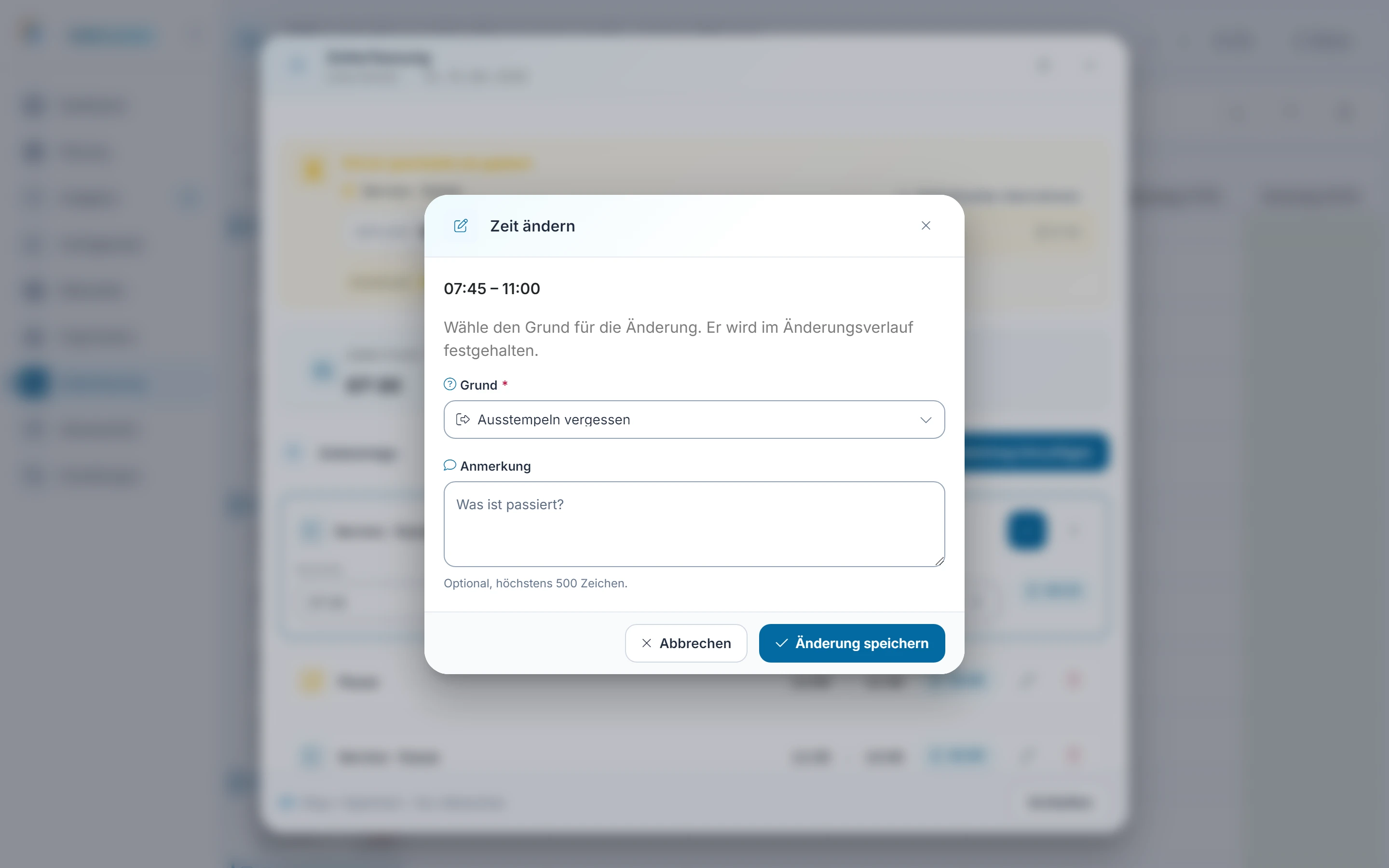 Screenshot Eintrag hinzufügen, bearbeiten, löschen: Schritt 5: Grund wählen. Markiert: (1) Grund: Die Auswahl im Dialog vor jedem Anlegen, Ändern oder Löschen bietet acht feste Gründe von „Einstempeln vergessen“ bis „Sonstiges“., (2) Änderung speichern: Der Knopf unten im Dialog heißt je nach Vorgang „Änderung speichern“, „Löschen“, „Nachtragen“ oder „Korrektur beantragen“.