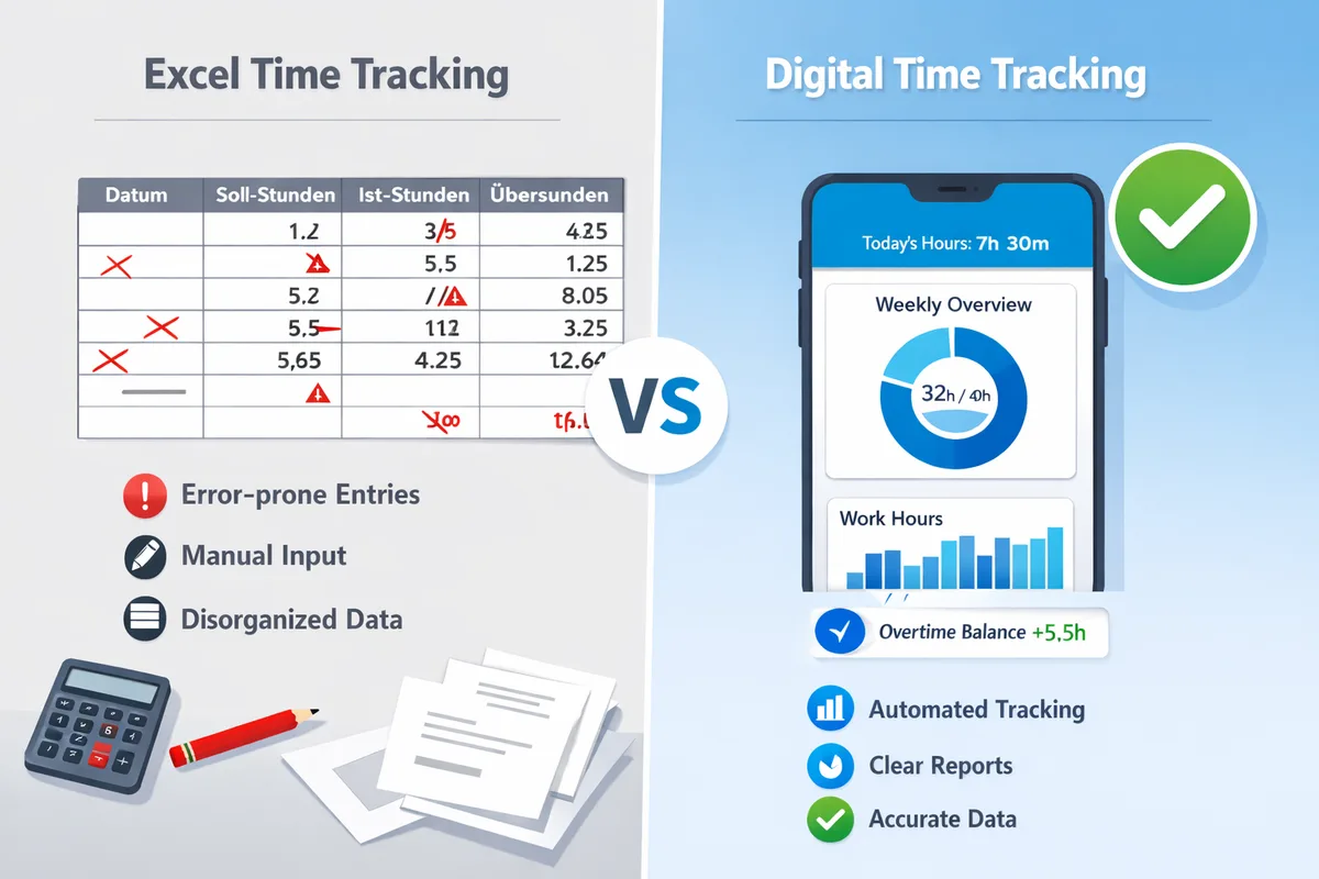 Vergleich Excel Zeiterfassung vs. digitale Zeiterfassung mit FixPlaner