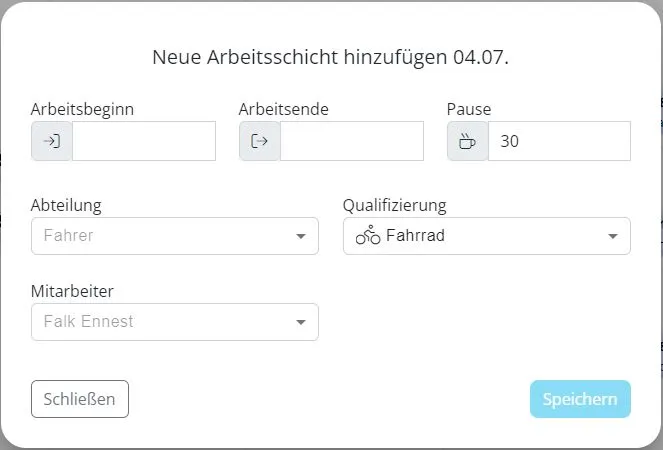 Arbeitsschicht hinzufügen Dialog mit Verfügbarkeitsprüfung