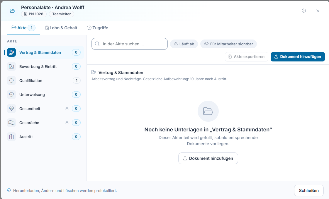 Digitale Personalakte mit Aktenteilen und Dokumentenübersicht