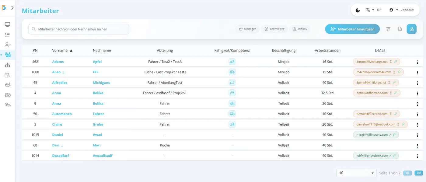 FixPlaner Mitarbeiterverwaltung - Übersicht aller Mitarbeiter mit Abteilungen und Skills