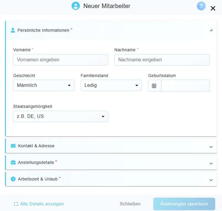 Neuen Mitarbeiter anlegen Dialog