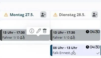 Offene Schichten mit Zeiten und Besetzungsstand je Tag