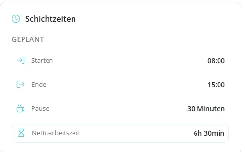 Schichtdetails: Start 08:00, Ende 15:00, Nettoarbeitszeit 6h 30min