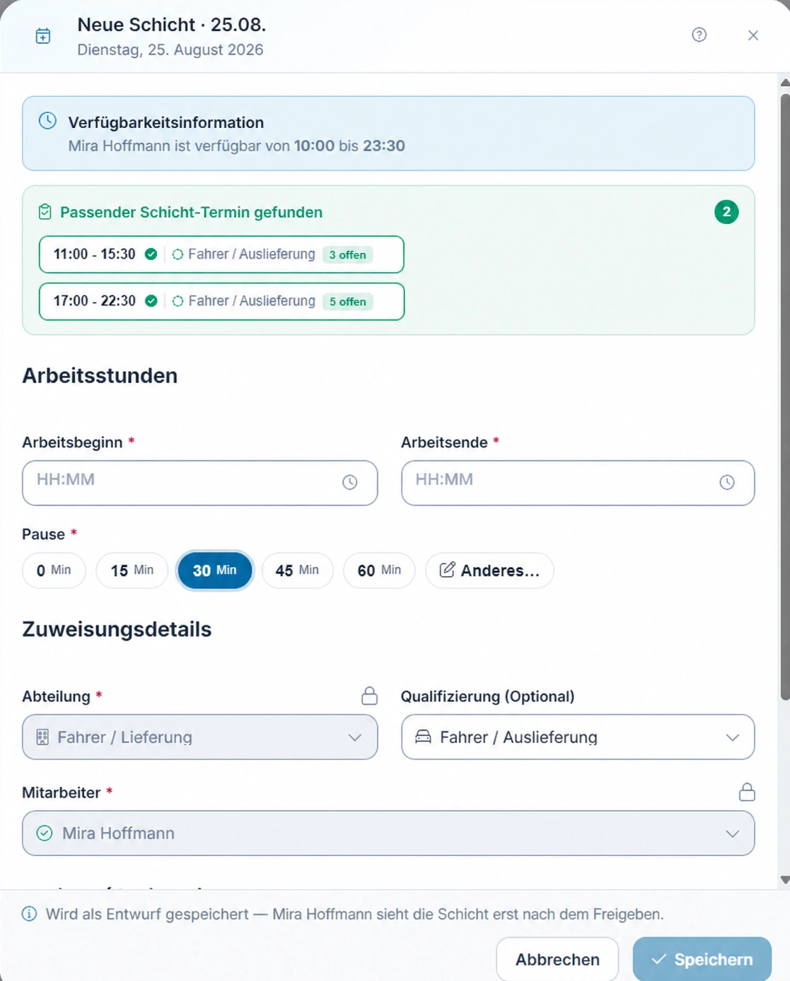 FixPlaner-Dialog zum Anlegen einer Schicht mit Arbeitszeit, Zuweisung und Verfügbarkeitsprüfung