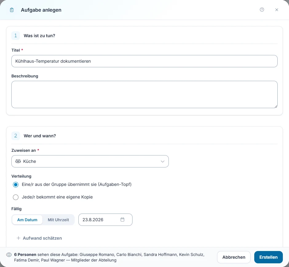 FixPlaner Dialog „Aufgabe anlegen“ mit Zuweisung an die Abteilung Küche, Wahl der Verteilart und namentlicher Sichtbarkeitsvorschau