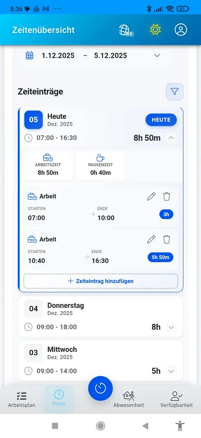 Mobile Zeiteinträge mit Bearbeitungsfunktion