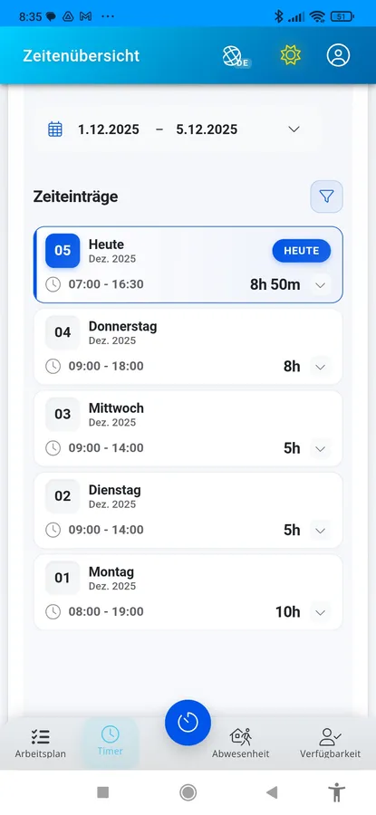 Mobile Zeiteinträge-Liste mit Wochentagen