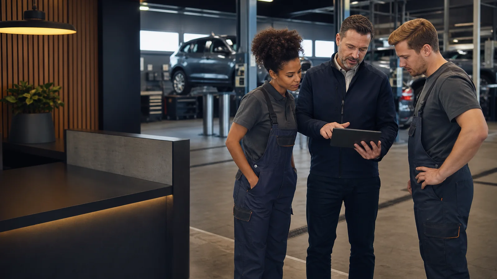 Serviceberater und Kfz-Fachkräfte planen den Arbeitstag digital in einem modernen Autohaus