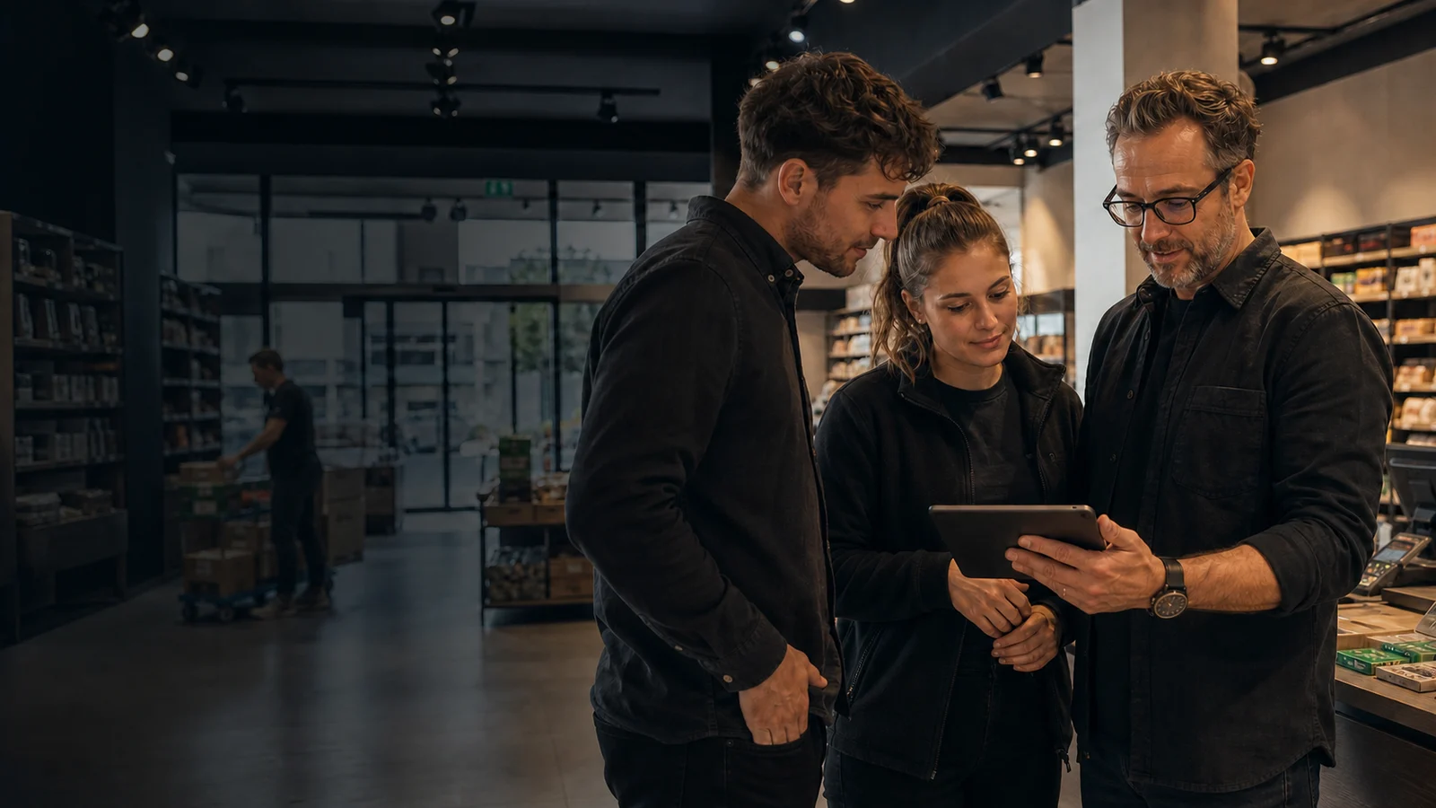 Filialleitung und Verkaufsteam prüfen vor Ladenöffnung den digitalen Personaleinsatzplan