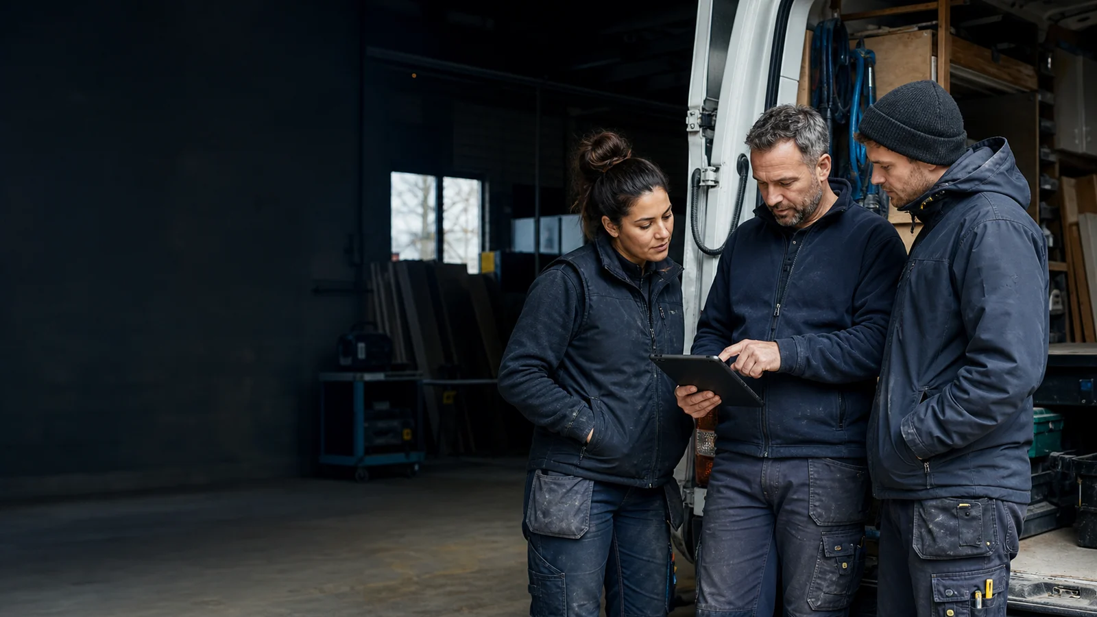 Handwerksteam stimmt am frühen Morgen Einsätze digital am Servicefahrzeug ab