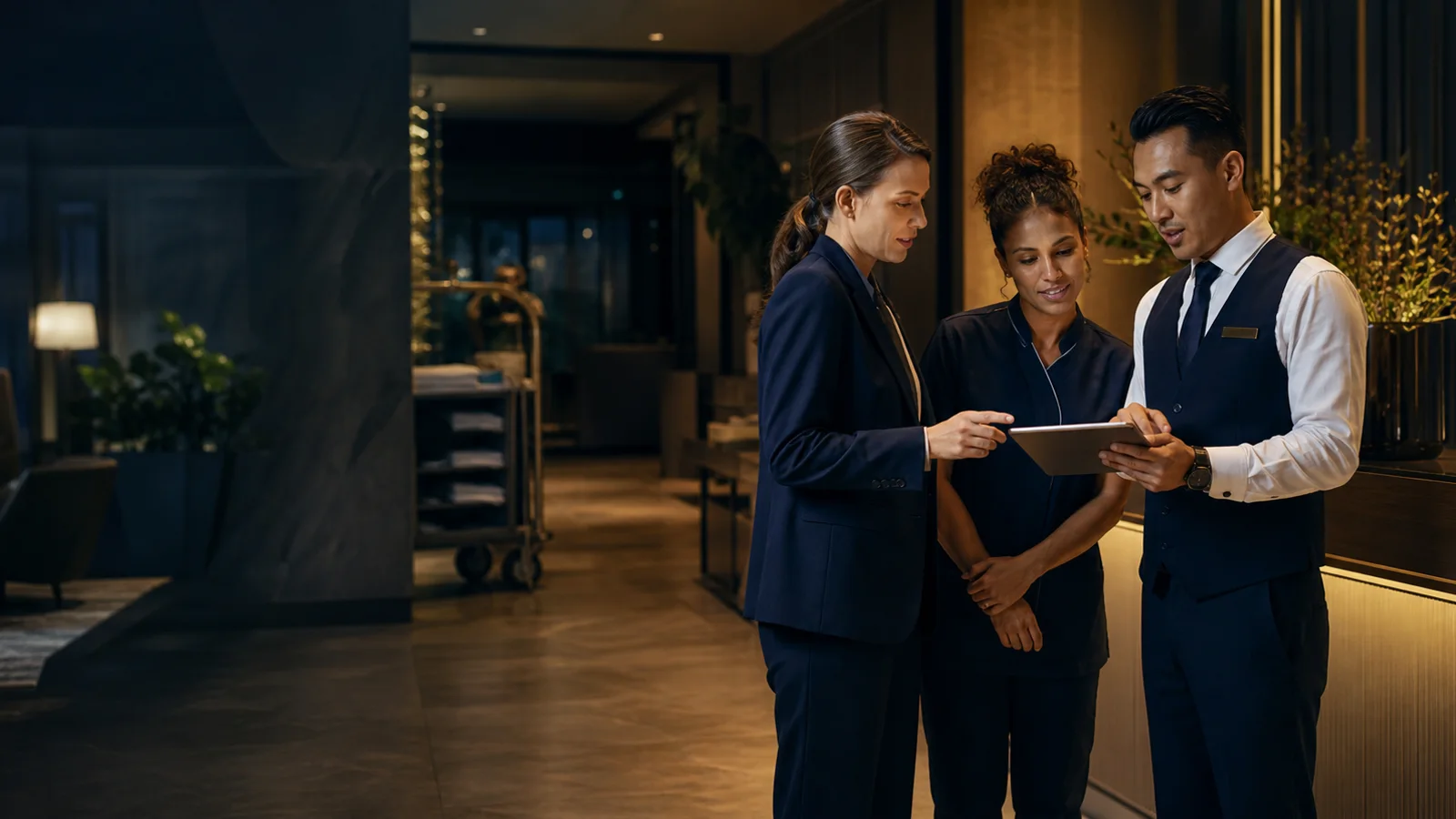 Hotelteam aus Rezeption, Housekeeping und Nachtmanagement bei der digitalen Schichtübergabe