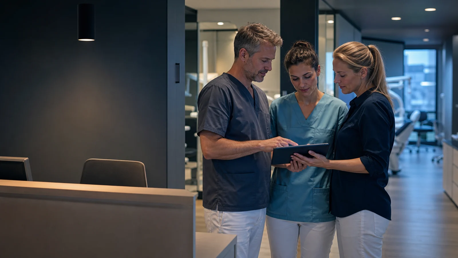 Zahnarzt, ZFA und Praxismanagerin stimmen den Arbeitstag digital ab