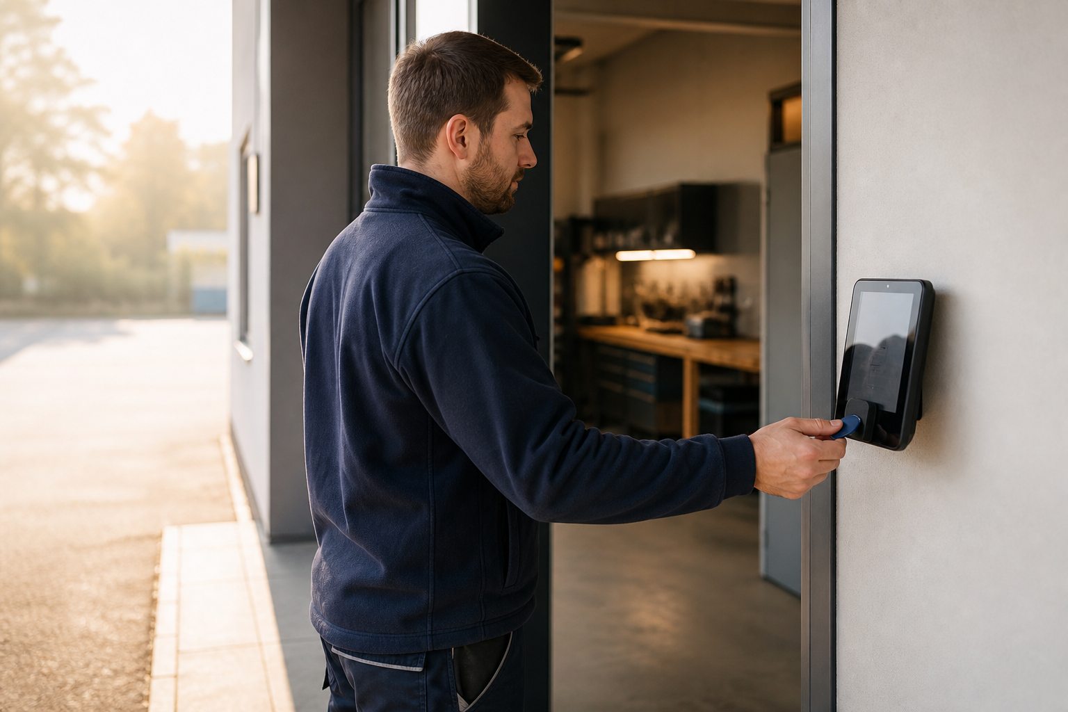 Mitarbeiter erfasst seine Arbeitszeit mit einem NFC-Chip an einem Tablet-Terminal