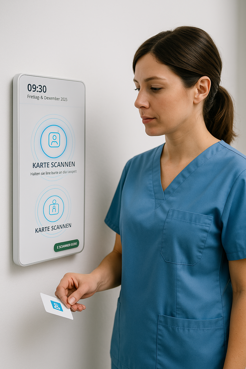 Pflegekraft stempelt am Terminal mit NFC-Karte