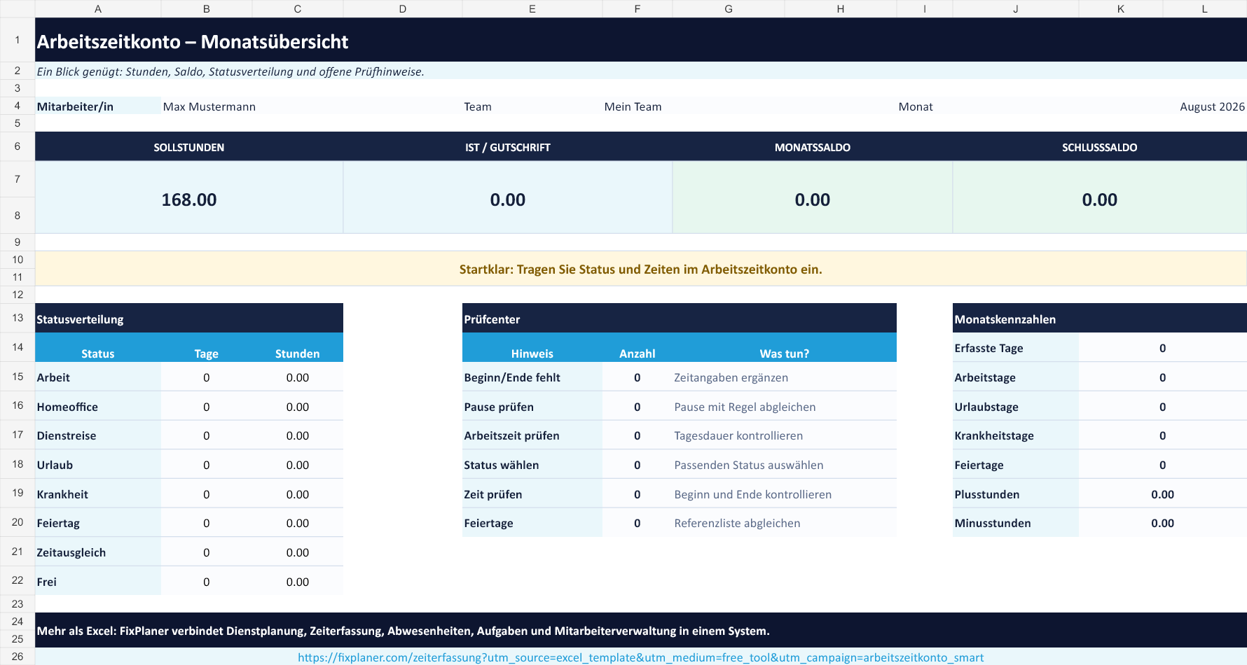 Vorschau der kostenlosen FixPlaner Smart-Vorlage für das Arbeitszeitkonto mit Monats-Dashboard und Prüfcenter